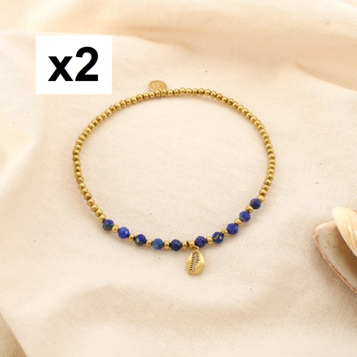 2 Bracelets élastiques acier pierre coquillage cauri 0225196 bleu 2 Bracelets élastiques acier pierre coquillage cauri 0225196 bleu