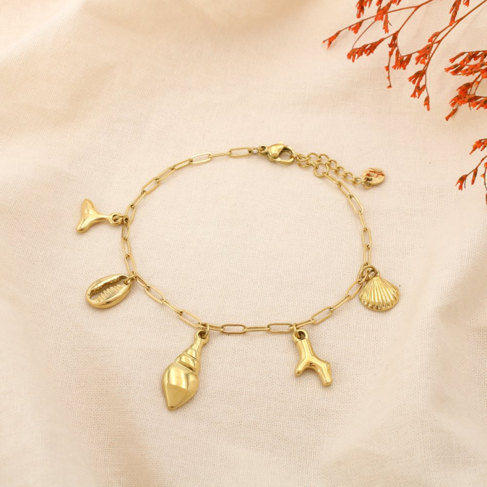 Bracelet acier coquillage corail queue de baleine 0225164 doré Bracelet acier coquillage corail queue de baleine 0225164 doré
