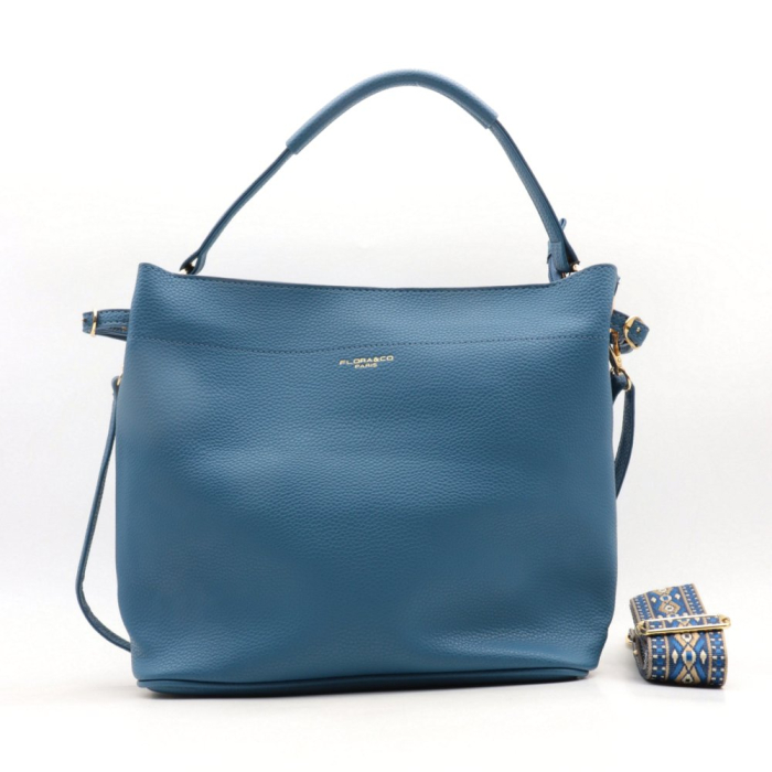 Sac à main 2-en-1 simili-cuir grainé Flora&Co 2 bandoulières 0924007 bleu jean Sac à main 2-en-1 simili-cuir grainé Flora&Co 2 bandoulières 0924007 bleu jean
