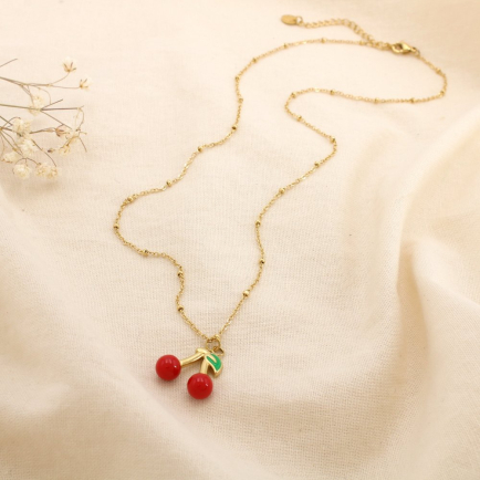 Collier acier inoxydable pendentif cerises émail 0125170 rouge