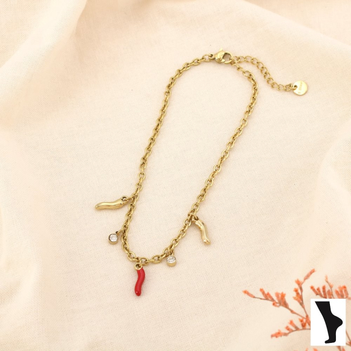 Chaîne de cheville acier inoxydable breloques piment émail 0225159 rouge Chaîne de cheville acier inoxydable breloques piment émail 0225159 rouge