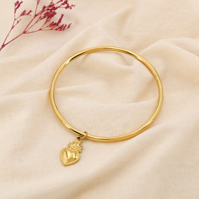 Bracelet jonc acier inoxydable breloque cœur ex-voto 0225230 doré Bracelet jonc acier inoxydable breloque cœur ex-voto 0225230 doré