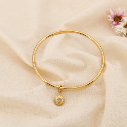 Bracelet jonc acier inoxydable breloque soleil rayonnant strass 0225231 doré