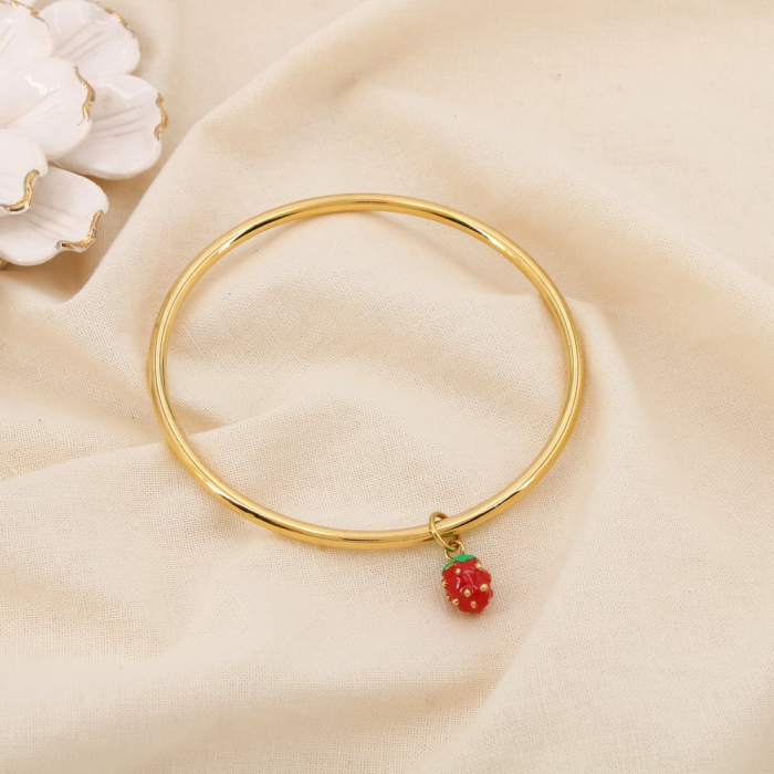 Bracelet jonc acier inoxydable breloque fraise émail 0225233 doré Bracelet jonc acier inoxydable breloque fraise émail 0225233 doré