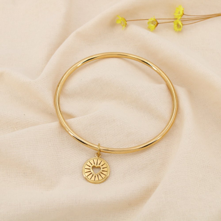 Bracelet jonc acier inoxydable breloque soleil cœur gravé 0225234 doré