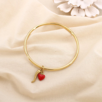 Bracelet jonc acier inoxydable breloques cœur émail piment doré 0225239 rouge