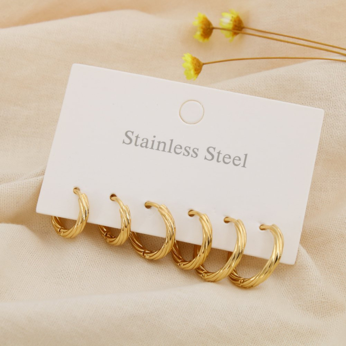 Trio boucles d'oreilles acier inoxydable créoles torsadées 0324619 doré