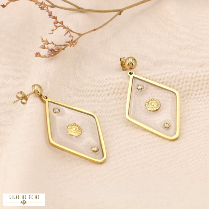 Boucles d’oreilles pendantes losange acier inoxydable strass 0324064 doré