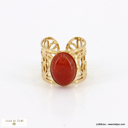 Bague ajustable acier inoxydable cabochon pierre naturelle 0422529 rouge bordeaux