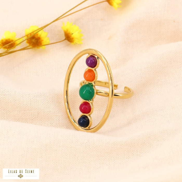 Bague ajustable acier inoxydable cabochons pierre naturelle 0423504 multi Bague ajustable acier inoxydable cabochons pierre naturelle 0423504 multi