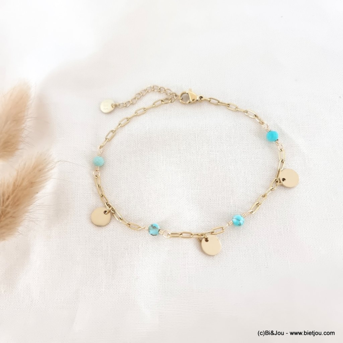 Bracelet fin acier inoxydable pampilles dorées billes pierre 0223089 bleu turquoise Bracelet fin acier inoxydable pampilles dorées billes pierre 0223089 bleu turquoise