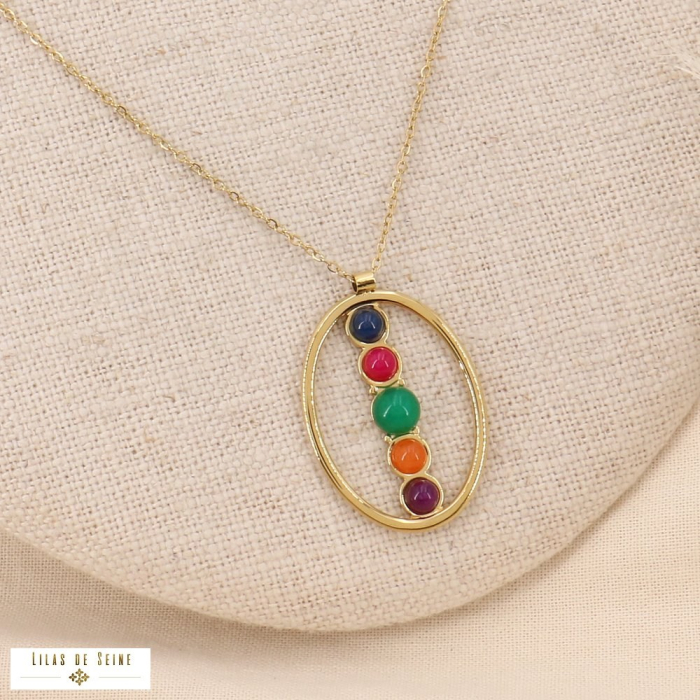 Collier acier inoxydable pendentif ovale cabochons pierre 0123529 multi