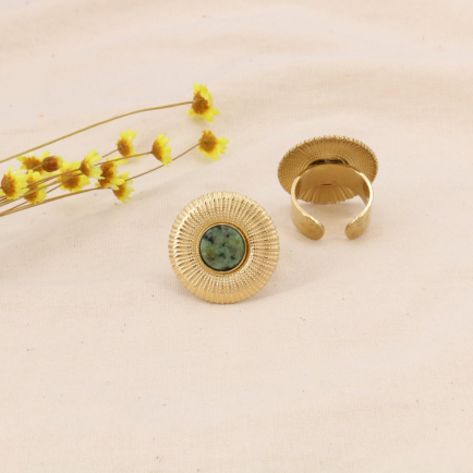 Bague ronde acier inoxydable pierre naturelle 0424058 vert