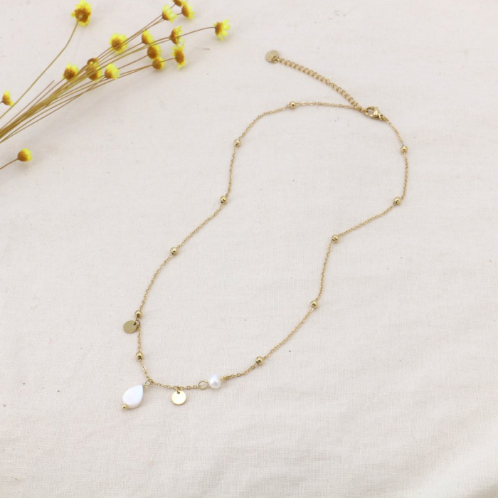 Collier acier inoxydable goutte nacre perle d’eau douce 0124111 blanc Collier acier inoxydable goutte nacre perle d’eau douce 0124111 blanc