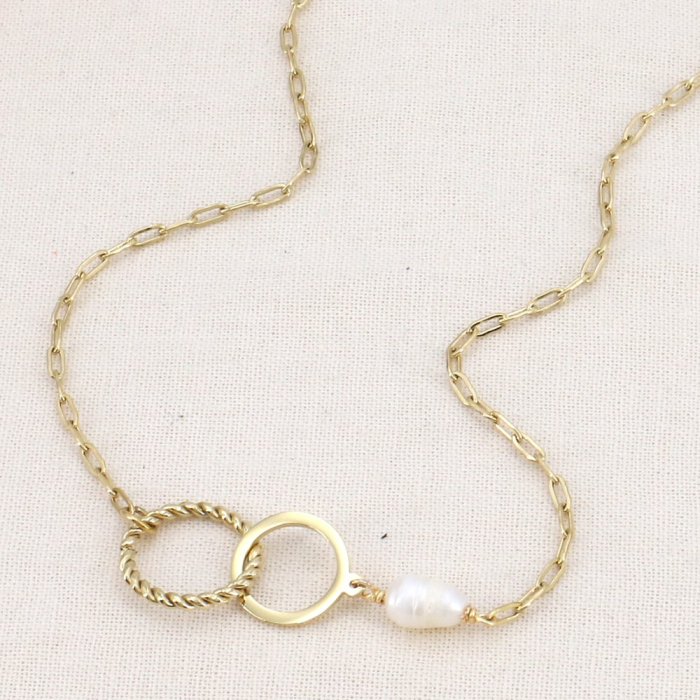 Collier acier inoxydable anneaux entrelacés perle d’eau douce 0124112 blanc