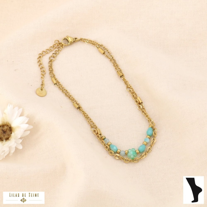 Chaîne de cheville double rangs acier inoxydable perles pierre cristal 0224044 vert aqua Chaîne de cheville double rangs acier inoxydable perles pierre cristal 0224044 vert aqua