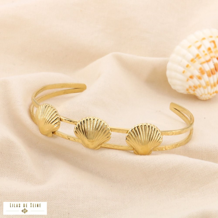 Bracelet jonc double rang 3 coquillages acier inoxydable 0224014 doré Bracelet jonc double rang 3 coquillages acier inoxydable 0224014 doré