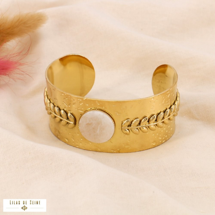 Bracelet jonc large acier inoxydable cabochon pierre 0224030 blanc Bracelet jonc large acier inoxydable cabochon pierre 0224030 blanc