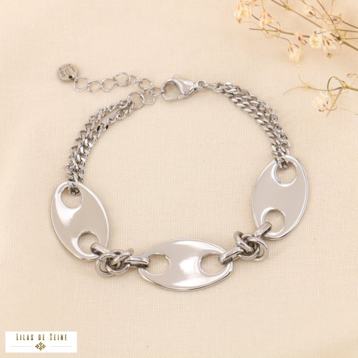 Bracelet double-chaîne maillons grains de café acier inoxydable 0224531 argenté Bracelet double-chaîne maillons grains de café acier inoxydable 0224531 argenté