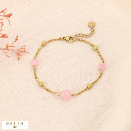 Bracelet chaîne gourmette acier inoxydable pierres naturelles 0224078 rose