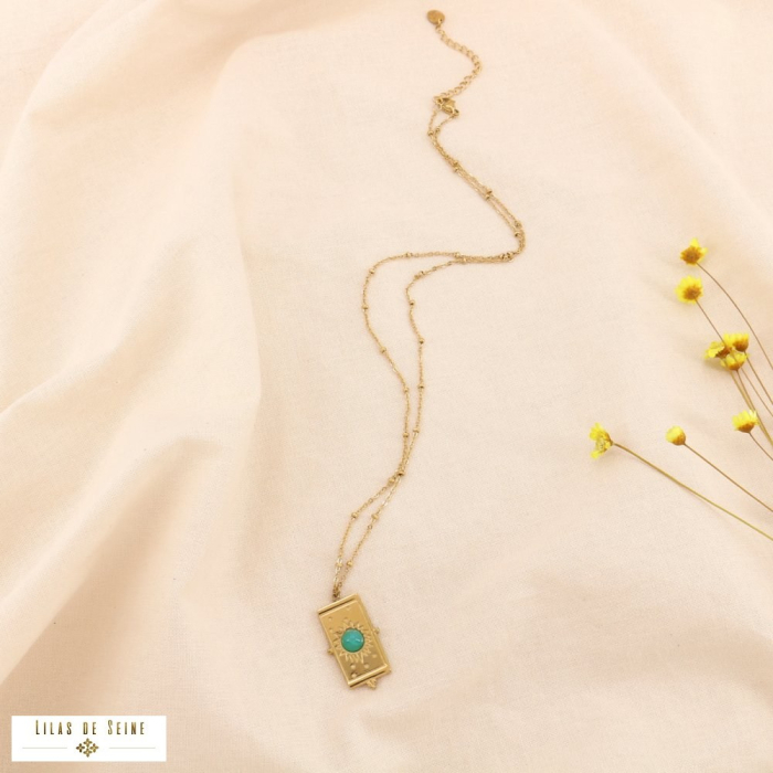 Collier pendentif vertical acier inoxydable cabochon pierre naturelle 0124201 vert Collier pendentif vertical acier inoxydable cabochon pierre naturelle 0124201 vert
