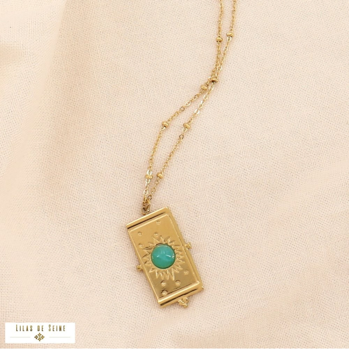 Collier pendentif vertical acier inoxydable cabochon pierre naturelle 0124201 vert
