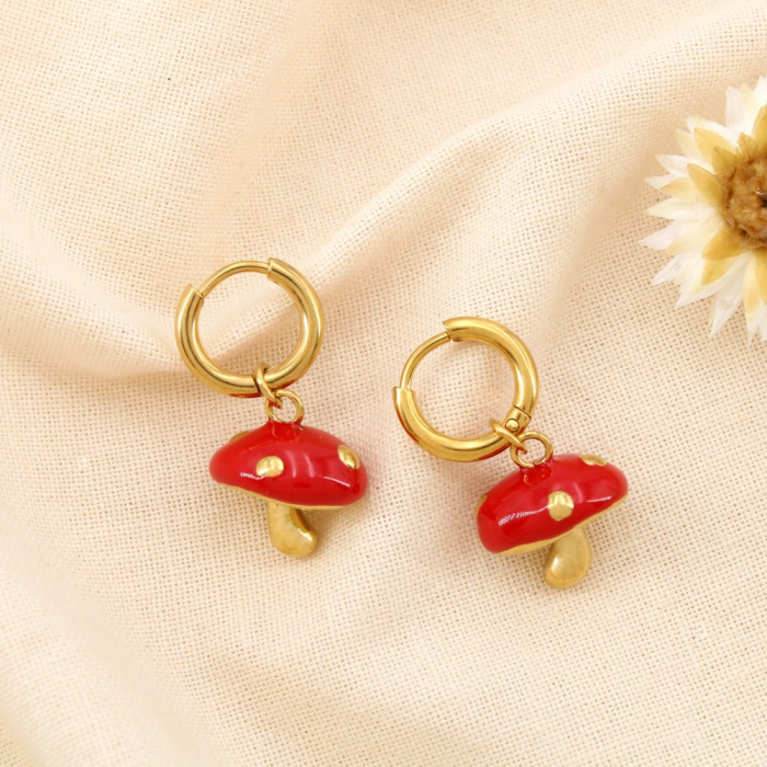 Boucles d’oreilles mini champignon acier inox émail 0325184 rouge Boucles d’oreilles mini champignon acier inox émail 0325184 rouge