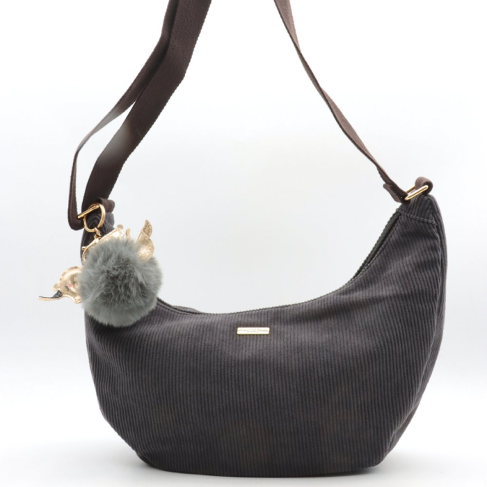Sac porté épaule style banane Flora&Co simili-cuir velours côtelé pompon 0925507 gris foncé Sac porté épaule style banane Flora&Co simili-cuir velours côtelé pompon 0925507 gris foncé