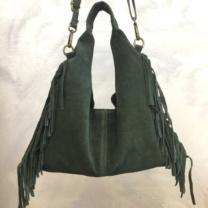 Sac porté épaule cuir véritable daim suède franges 0925509 vert kaki Sac porté épaule cuir véritable daim suède franges 0925509 vert kaki