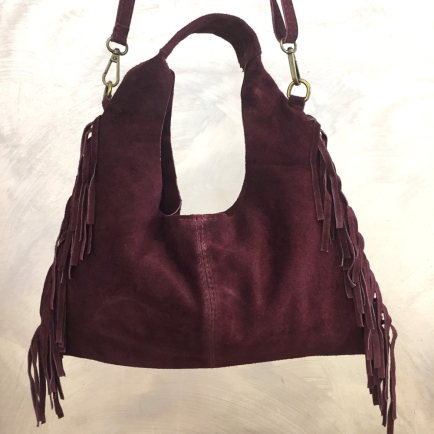 Sac porté épaule cuir véritable daim suède franges 0925509 rouge bordeaux