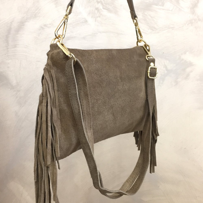 Sac porté épaule cuir véritable daim suède franges 0925510 taupe
