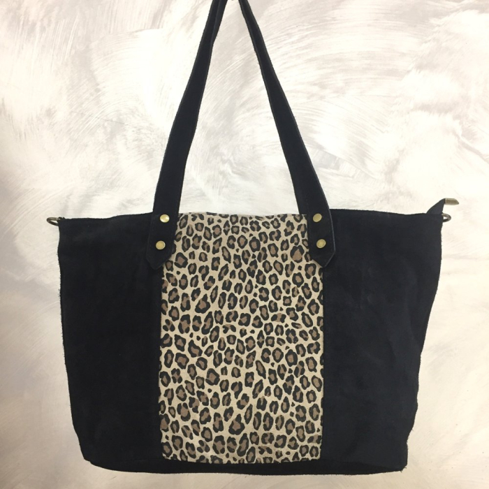 Cabas cuir véritable daim suède léopard 0925511 noir Cabas cuir véritable daim suède léopard 0925511 noir