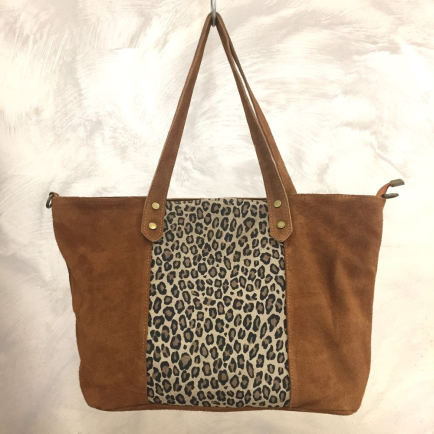 Cabas cuir véritable daim suède léopard 0925511 cognac