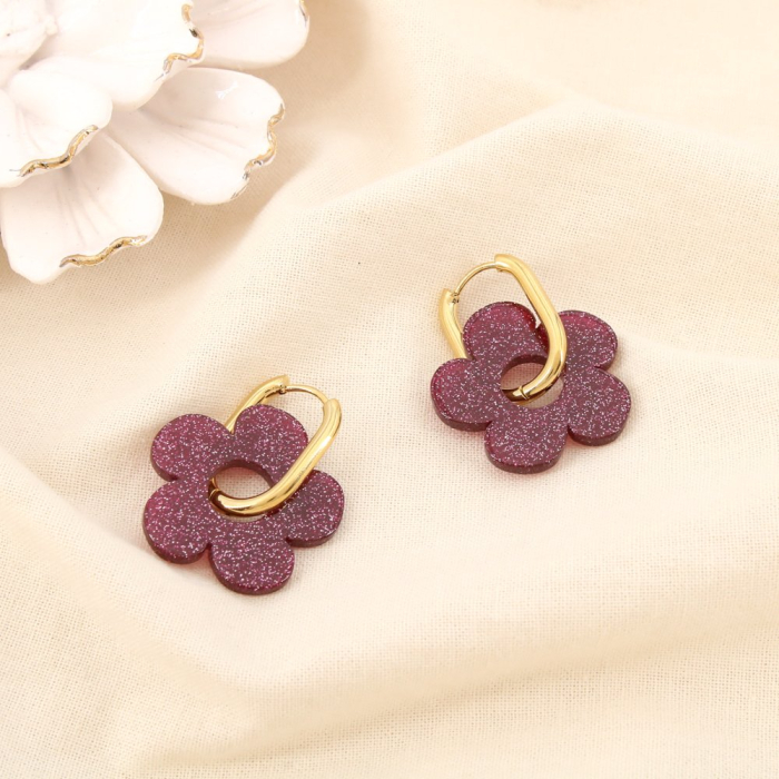 Boucles d’oreilles pendantes fleur pailletée acier inoxydable 0325567 rouge bordeaux Boucles d’oreilles pendantes fleur pailletée acier inoxydable 0325567 rouge bordeaux