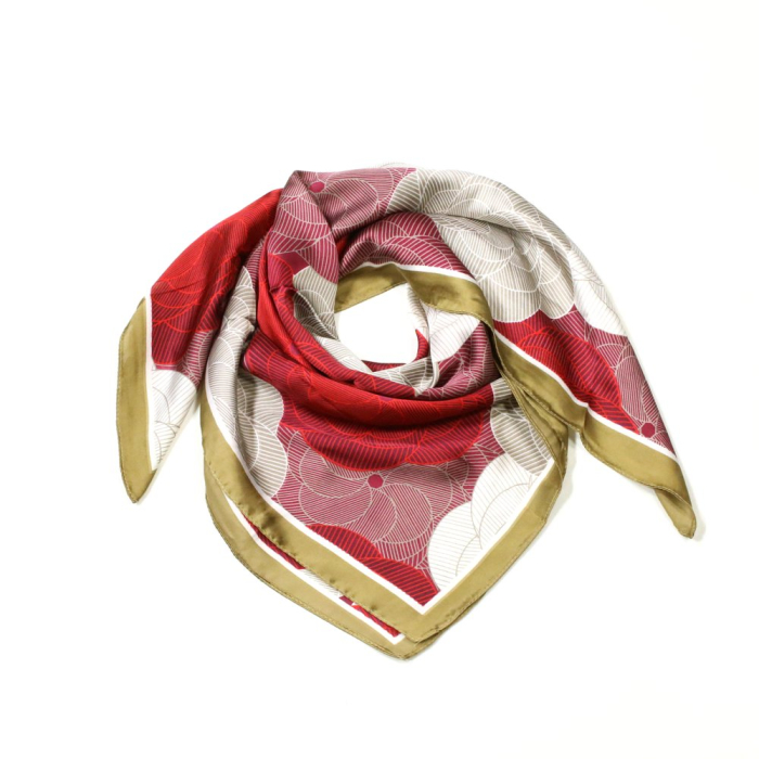 Foulard carré satin polyester motif floral géométrique 0725513 rouge bordeaux Foulard carré satin polyester motif floral géométrique 0725513 rouge bordeaux