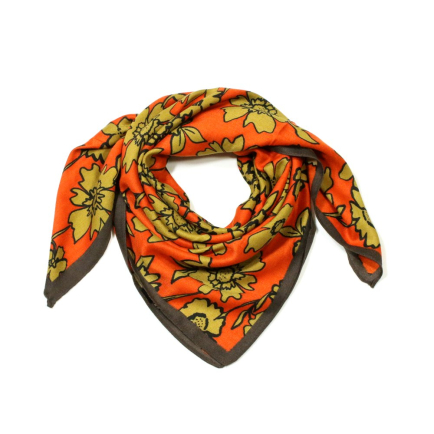 Foulard carré polyester orange imprimé floral fleurs stylisées femme 0725521 orange foncé