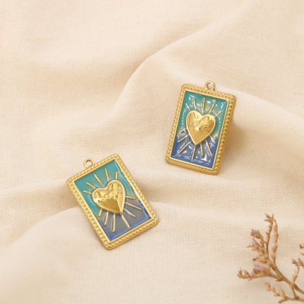 2 Pendentifs acier charm rectangle émail cœur LOVE 0625118 bleu turquoise
