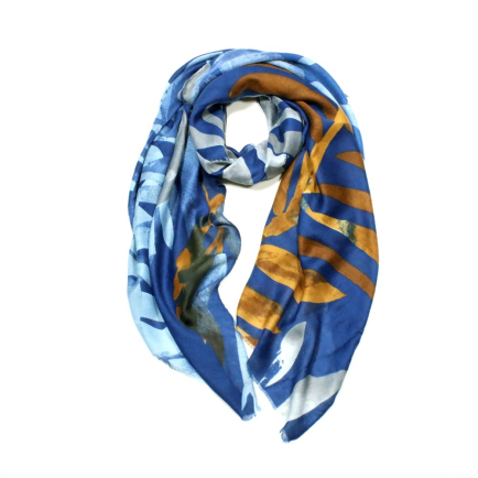 Foulard coloré imprimé feuillage viscose coton 0725504 bleu