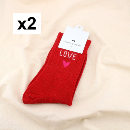 2 paires chaussettes à paillettes message LOVE coeur 0625079 rouge
