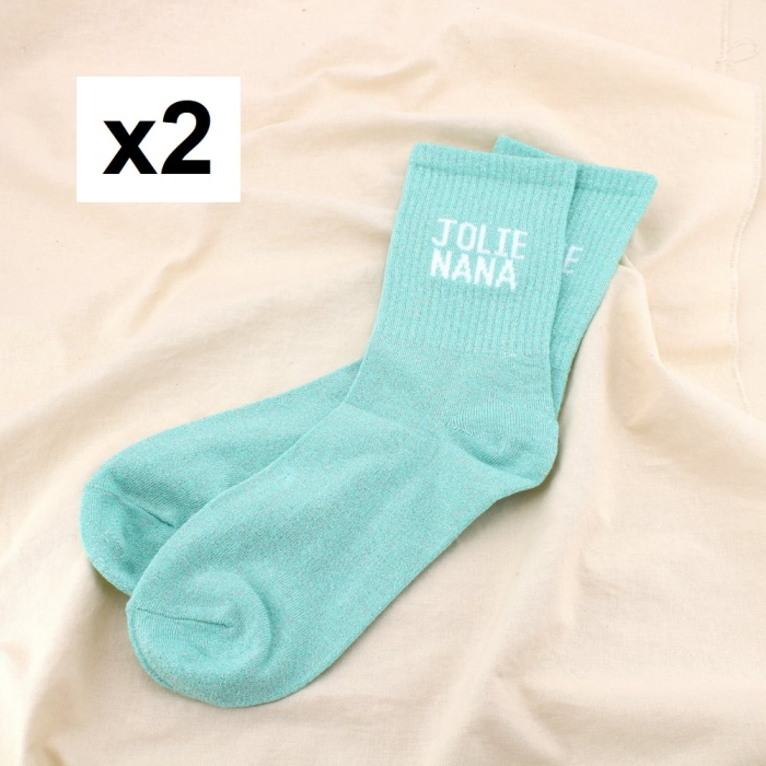2 paires de chaussettes pailletées à message “JOLIE NANA” 0625537 vert aqua 2 paires de chaussettes pailletées à message “JOLIE NANA” 0625537 vert aqua