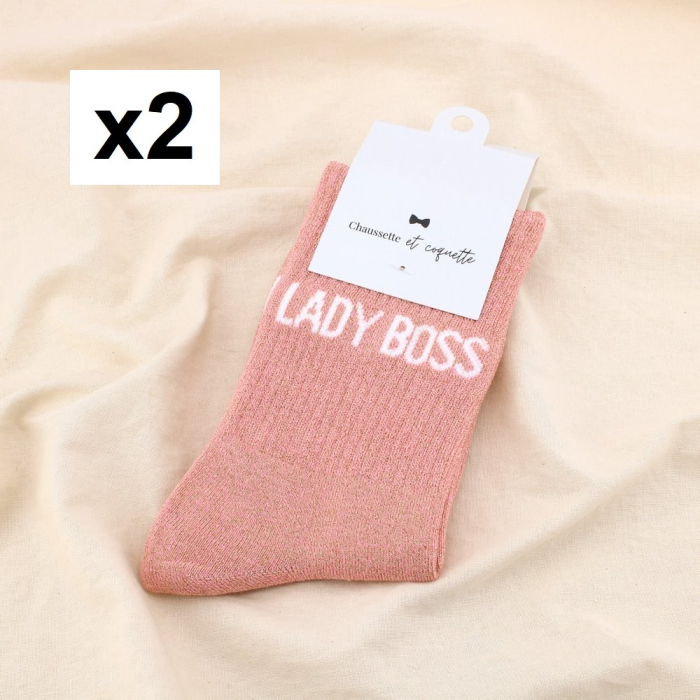 2 paires de chaussettes pailletées à message “LADY BOSS” 0625545 rose nude 2 paires de chaussettes pailletées à message “LADY BOSS” 0625545 rose nude