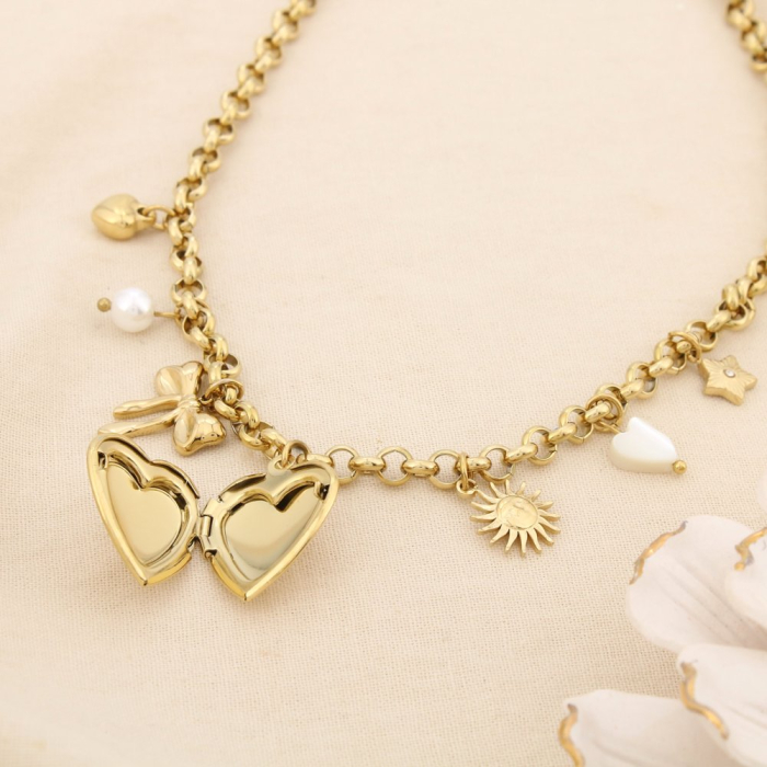 Collier acier breloque nacre perle cœur soleil 0125576 doré