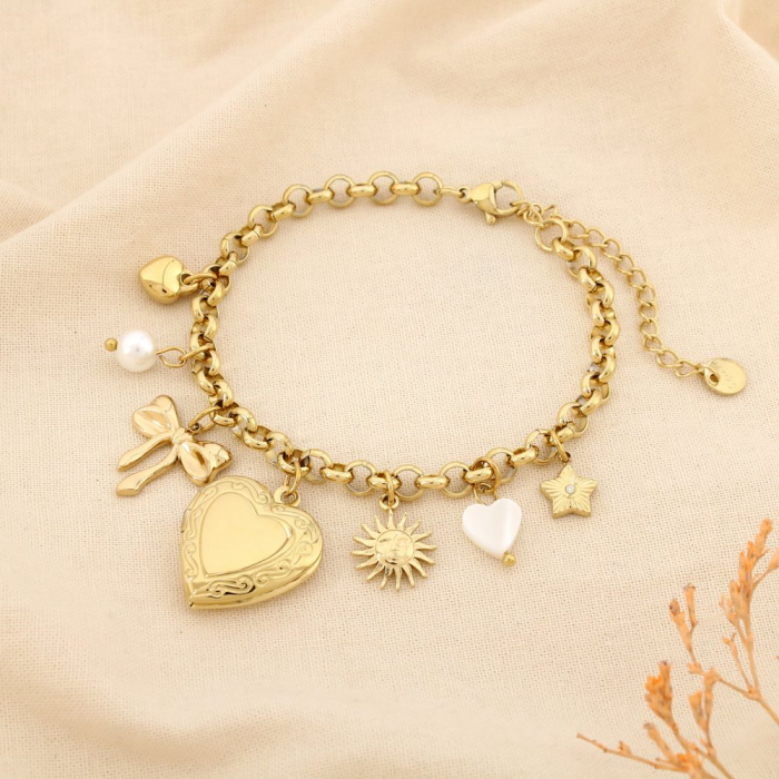 Bracelet acier breloque nacre perle cœur soleil 0225579 doré Bracelet acier breloque nacre perle cœur soleil 0225579 doré