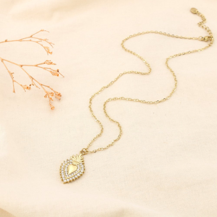 Collier acier inoxydable strass pendentif cœur sacré 0125580 doré Collier acier inoxydable strass pendentif cœur sacré 0125580 doré