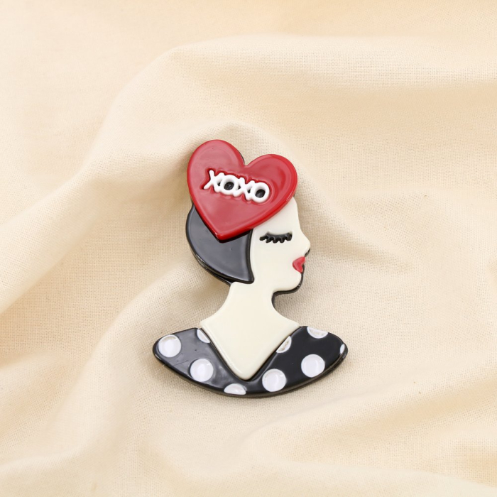 Broche épingle femme vintage coeur résine métal 0525505 noir/blanc Broche épingle femme vintage coeur résine métal 0525505 noir/blanc