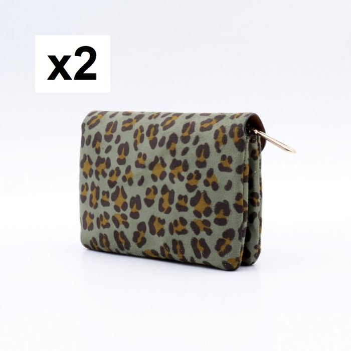 Porte-monnaie X2 motif léopard Flora&Co polyester velours 0925537 vert kaki