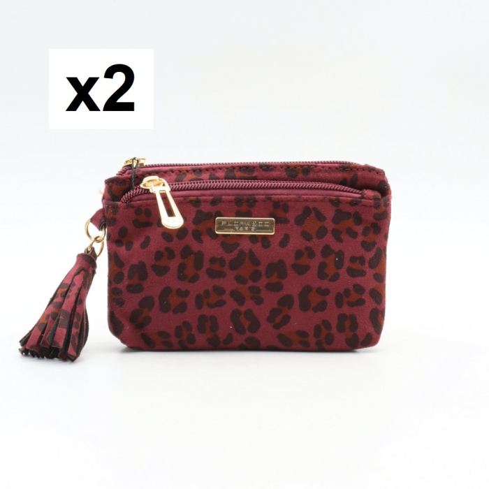 Porte-monnaie X2 léopard pompon Flora&Co polyester velours 0925533 rouge bordeaux