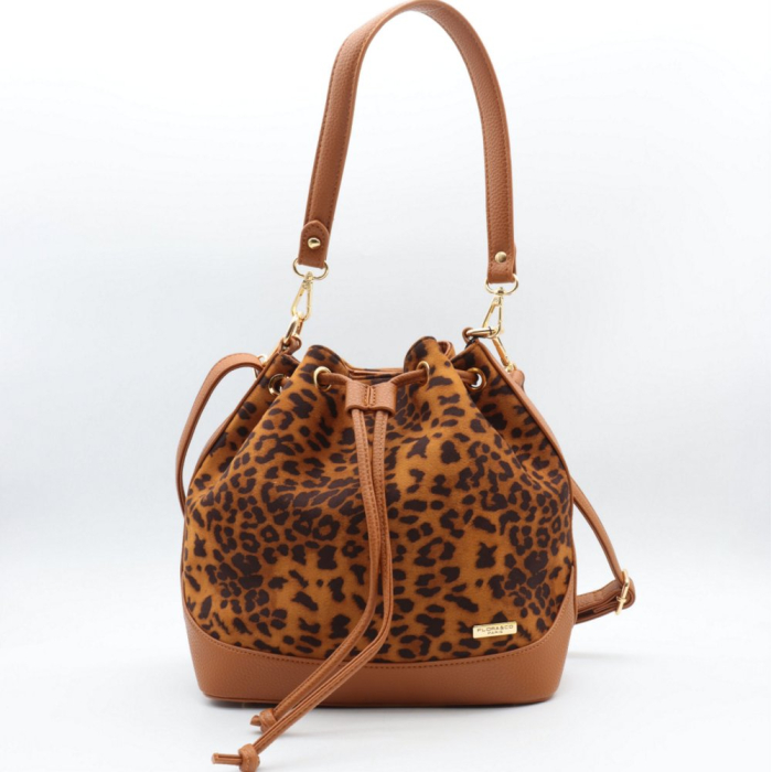 Sac à main seau motif léopard Flora&Co polyester velours simili cuir grainé 0925529 cognac