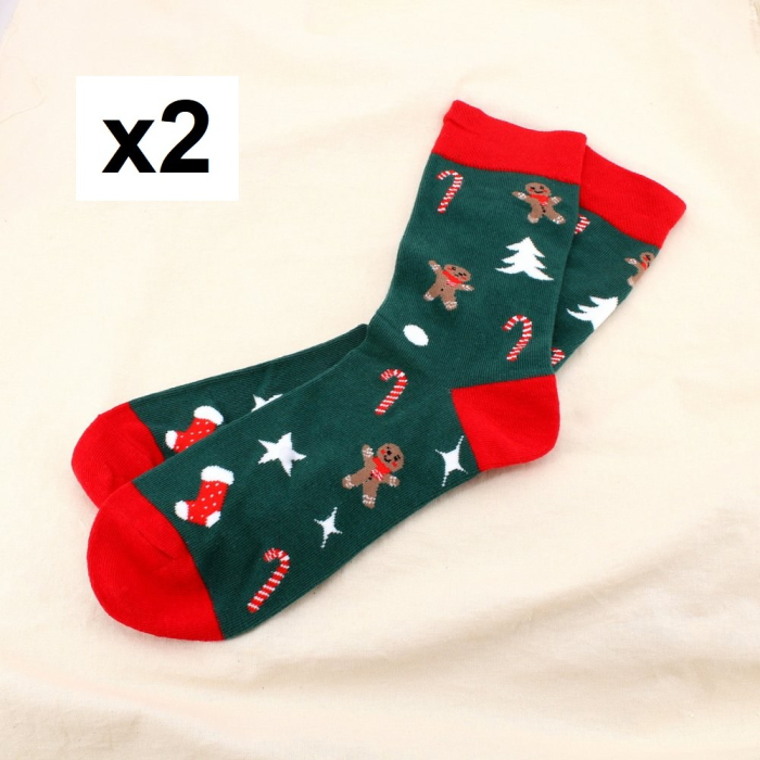 2 Paires de Chaussettes de Noël Bonhomme Pain d’Épice Sucres d’Orge Sapins 0625528 vert foncé