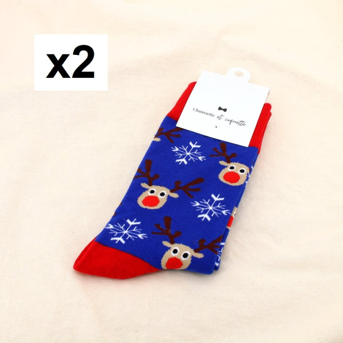 2 Paires de Chaussettes de Noël Motifs Rennes Flocons de Neige 0625527 bleu foncé